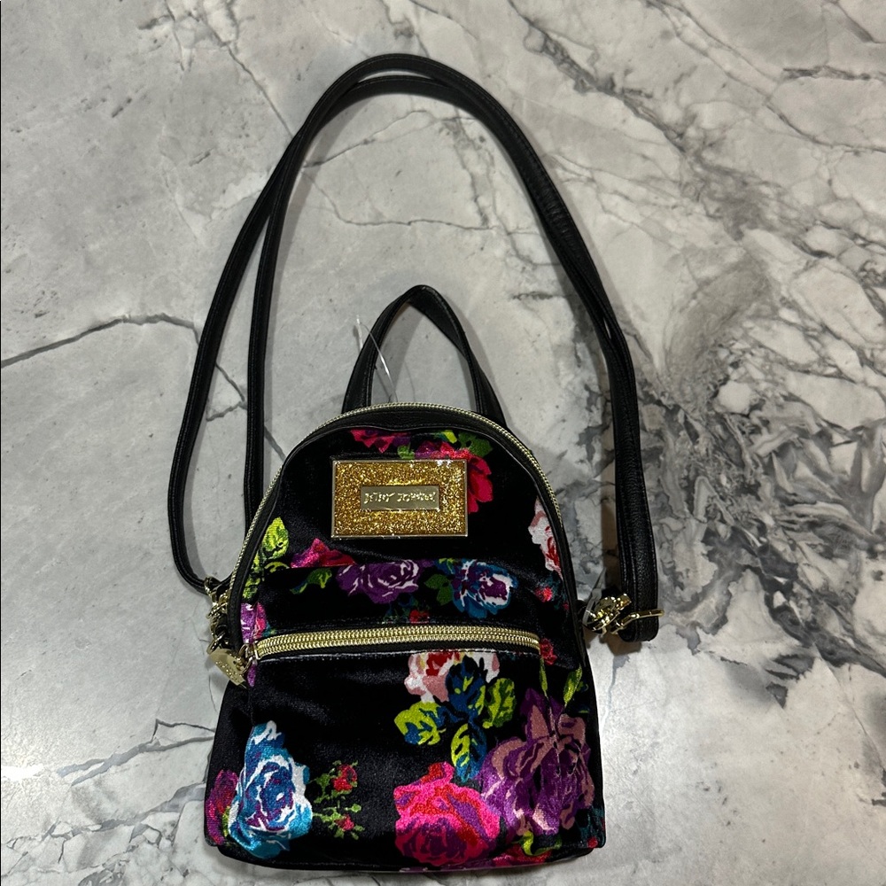 NWT! Betsey Johnson Velvet Black and Multicolor Floral Covertible Backpack - Picture 14 of 14